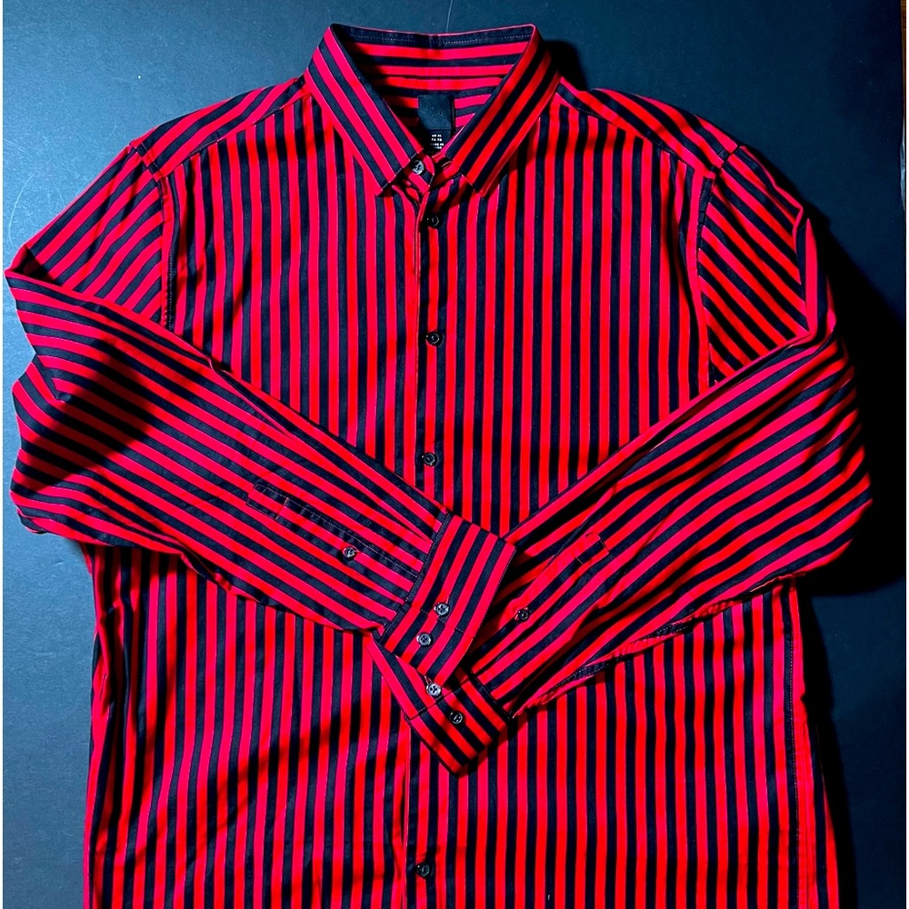 H&M Black Label Red & Black Striped Fancy Button Up Dress Shirt XL